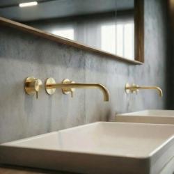 Waterevolution Flow 3-gats Inbouw Wastafelkraan PVD Witte Goud met uitloop 21 cm T1163FWGE-21