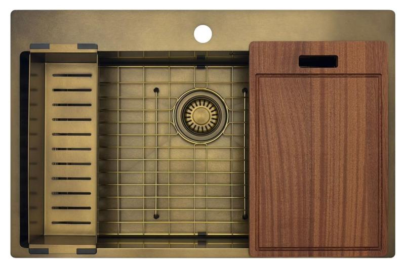 Pure.Sink Luxion Grote PVD Antiek Bronzen spoelbak 78x50 cm Tapwing met kraangatbank en bodemrek PLX7850T-64