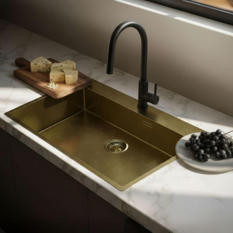 Pure.Sink Luxion Grote PVD Antiek Bronzen spoelbak 78x50 cm Tapwing met kraangatbank en bodemrek PLX7850T-64