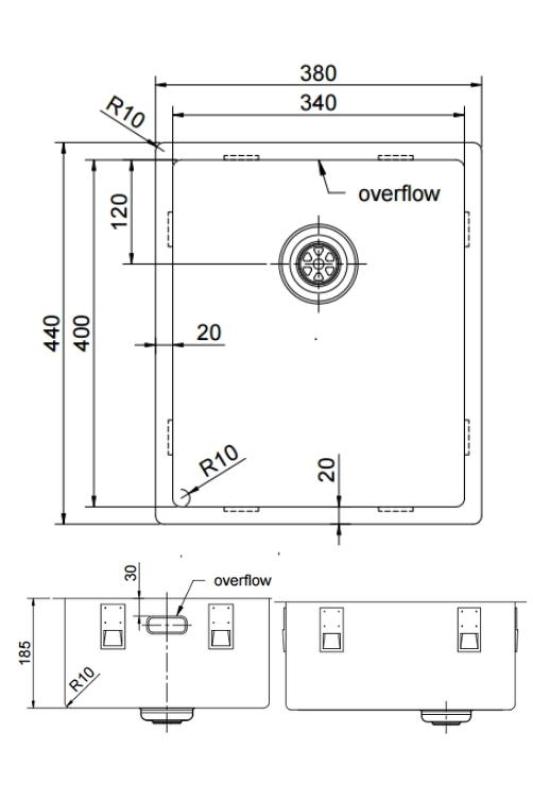 OUTLET Hoeken gebogen Pure.Sink Exclusivo Gun metal spoelbak 34x40 cm 10mm radius onderbouw, vlakbouw en opbouw 1208972446