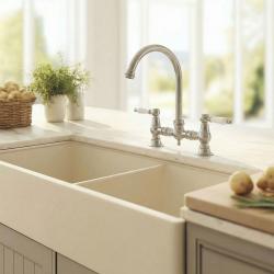 Aquanello Heritage Manor Klassieke Keuken Nostalgische Brug Keukenkraan RVS met Witte Hendel en Ronde Uitloop NB-4001-HA