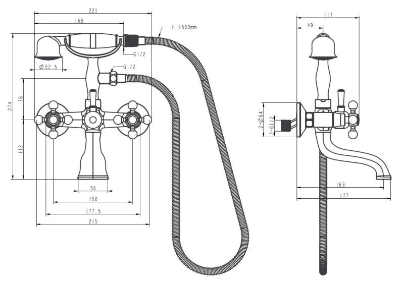 Aquanello Heritage Ascot Klassieke Opbouw Badkraan met Sterknoppen RVS inclusief Handdouche NB-3002-HA
